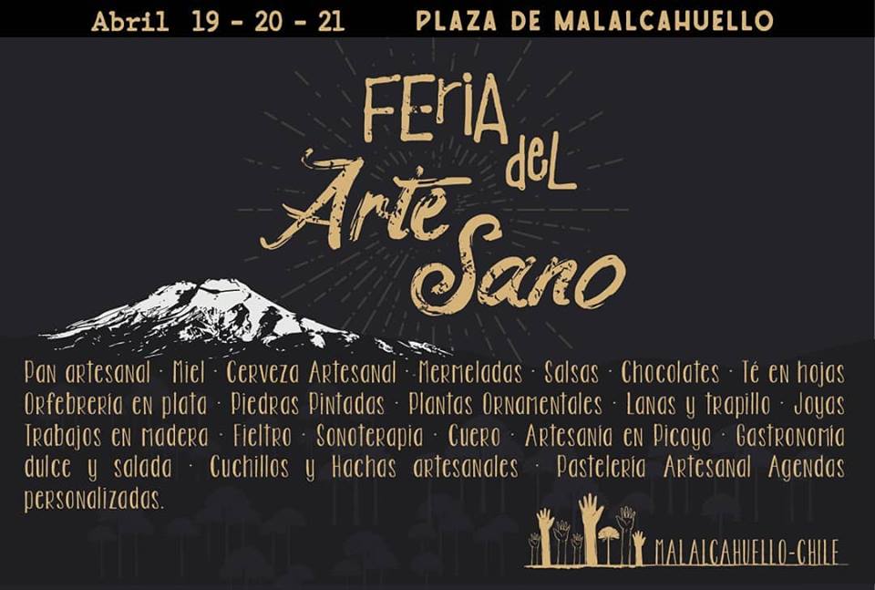 Afiche de la Feria del Artesano Malalcahuello, del 19 al 21 de abril en la plaza, con un volcán nevado dibujado