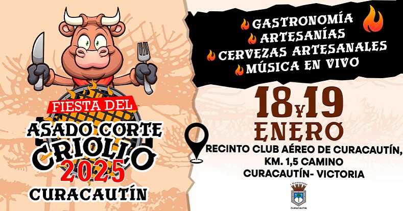 Afiche de la Fiesta del Asado Corte Criollo 2025, 18 y 19 de enero en el Club Aéreo de Curacautín